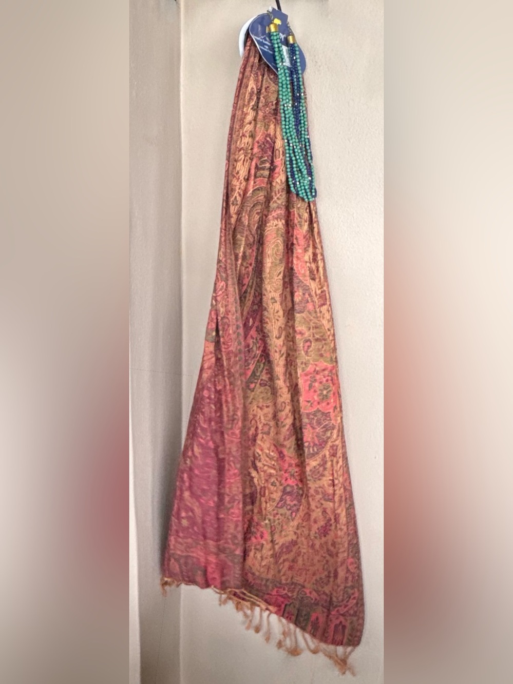 INDIGOODY Jamawar Kashmir Stole Multicolor Paisley 81”(L)X 29”(W) & Necklace